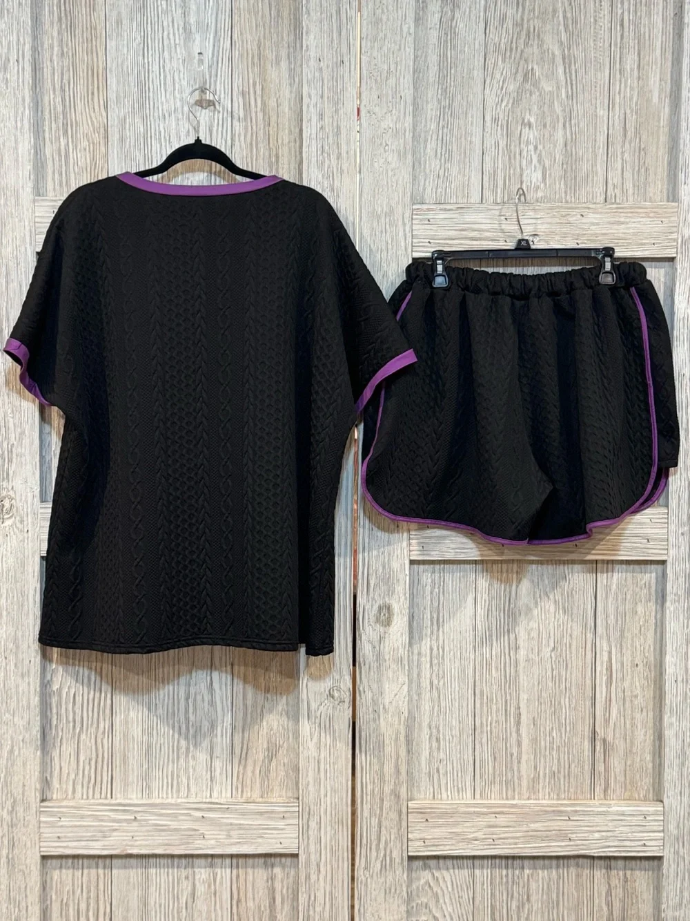 Rebel Raven Black Knit Two-Piece Short Set with Purple Trim Sz 2XL